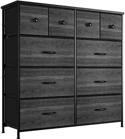 Nicehill Dresser for Bedroom with 10 Drawers, Storage Drawer Organizer, Tall Chest of Drawers for Closet, Clothes, Kids, Baby, Living Room, Wood Board, Fabric Drawers(Black Wood Grain)