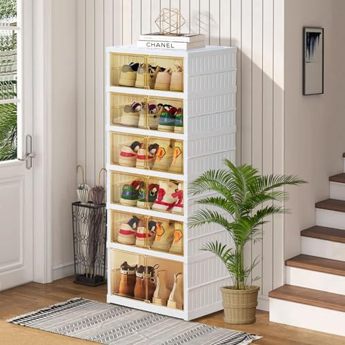 AOHMPT Schuhbox Faltbare Aufbewahrungsbox Installationsfrei Transparent Kunststoff Stapelbar Schuhaufbewahrung Schuhschrank Organizer Schuhbehälter Box mit Deckel Große Größe Schuhkörbe (6 Schichten