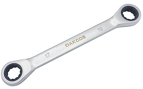 DAKCOS Chiave combinata a cricchetto, 17 x 19 mm, 2 in 1, doppia estremità, anello a cricchetto, chiave a cricchetto CR-V con finitura cromata opaca