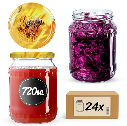 KADAX 24er Set Einmachgläser 720ml TO82 Biene, Große Sturzgläser mit Schraubdeckel, Einkochgläser Fermentierglas für Gurken, Gemüse, Sauerteig