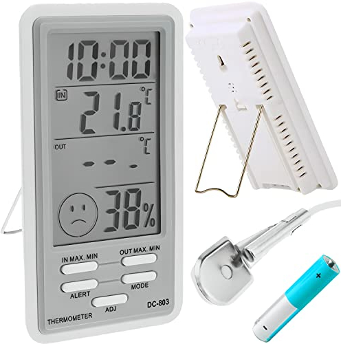 Retoo Termometro igrometro interno, esterno con display LCD, sensore esterno, termoigrometro con indicatore di temperatura, orologio, termometro ambiente, stazione meteo digitale, misuratore di