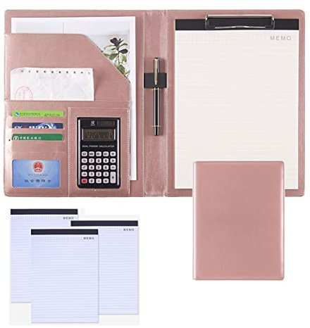 Schreibmappe A4 Konferenzmappe Dokumentenmappe Leder Ringbuch Klemmbrett Konferenzmappe Messenger Bag Für Damen Und Herren Mit 4 Stück Ersatz Notizblöcken 25 Blatt (Color : Pink, Size : 12-Digit Cal