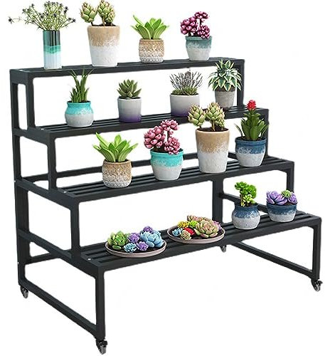 DECORN Robuster Pflanzenständer aus Metall | Robuster Pflanzenhalter Im Treppenstil | Präsentationsregal mit Mehreren Blumentopfhaltern für Wohnzimmer, Balkon, Garten, Hof,Black-4 Tier 80cm
