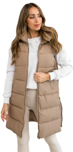 BOLF Mujer Chaleco acolchado Cierre de Cremallera Largo Chaleco sin Manga Plumas Regular Fit Entrenamiento Fitness Outdoor Deporte Ocio Estilo Deportivo B8212 Beige XXL [U1U]