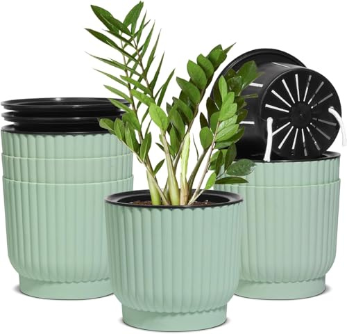 T4U Medium Self Watering Plant Pots Indoor, 6 Pack Indoor Plant Pot, Green Plastic Flower Pots, House Plant Pots for Indoor Outdoor Plants, Succulent, Cactus, African Violets, Spider Plants