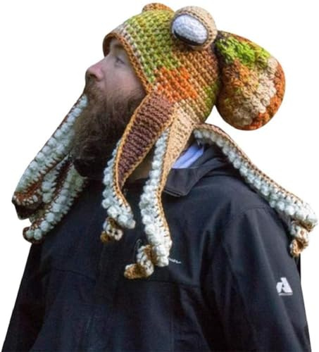 SHAVERUSH Handgewebte Gestrickte Mütze, Erwachsene Unisex Lustige Cartoon Octopus Lange Tentakel Augen Hut Cosplay Hut Party Requisiten Halloween (C)