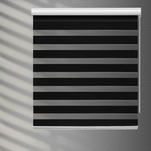 YIIBAII Day and Night Roller Blinds Zebra Blinds Blackout or Translucent Vision Roller Shades for Windows and Doors（W 55cm x L 150cm,Black）