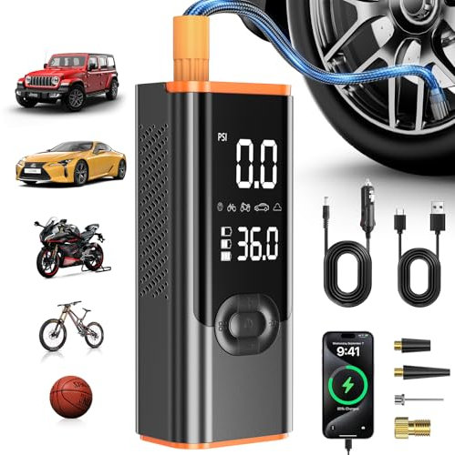 180 PSI Electric Air Pump, 8000mAh Rechargeable Portable Compressor with Pressure Gauge and Power Bank, Electric Air Compressor Battery 12V DC with LED for Car, Motorcycle, Bicycle Ball