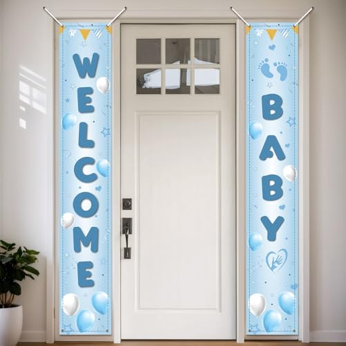Koliphy Willkommen Baby Deko, Willkommens Baby Tür Banner, Hand Banner für Babyparty, Empfang, Kinder Geburtstags Dekoration, Junge (Blau)