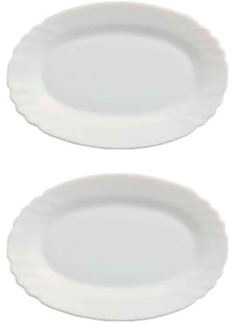 Tradineur - Pack de 2 fuentes ovaladas de vidrio opal - Bordes Ondulados - Bandejas para servir, extra resistentes, diseño clásico, aptas para lavavajillas, cocina, hostelería (Blanco -22 x 15 cm)