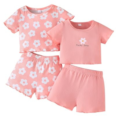 LUVCES 4 Piezas Conjunto para Niñas Pequeñas Primavera Manga Larga/Corta Color Sólido/Estampado Floral Camiseta y Pantalones Casual Verano Ropa de Casa