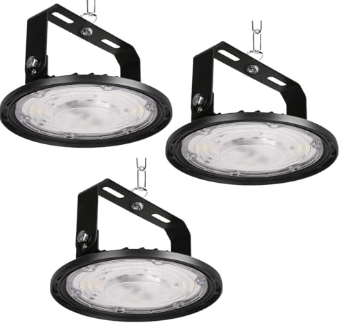 JBdusn 100W Faretto LED UFO Industriale 3 Pezzi, 6500K UFO Lampada da Officina Industriale con staffa, Super Luminoso 144 LEDs High Bay Light UFO Plafoniera LED per Garage, Magazzini, Stadio Coperto