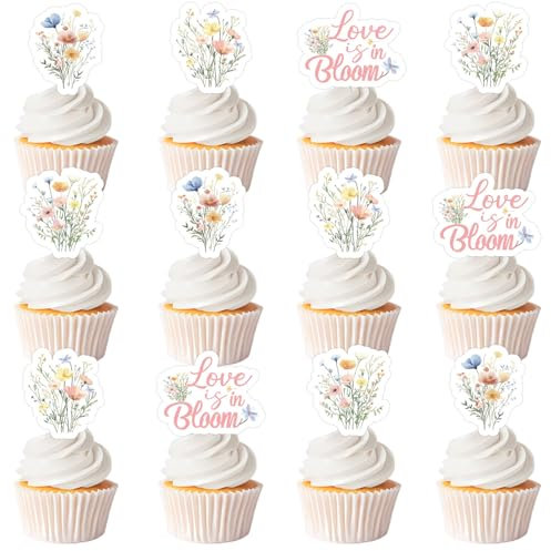 Love Is In Bloom Brautparty-Dekorationen, 36 Stück, florales Wildblumen-Thema, Cupcake-Topper, rosa Blume, doppelseitiger Druck, Cupcake-Picks, Blüte, Brautparty, Dekoration für