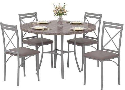 VECELO 5 Piece Dining Table Set for 4, Wood Grain Dinette with Chairs for Kitchen, Breakfast Nook, Small Space, Light Grey