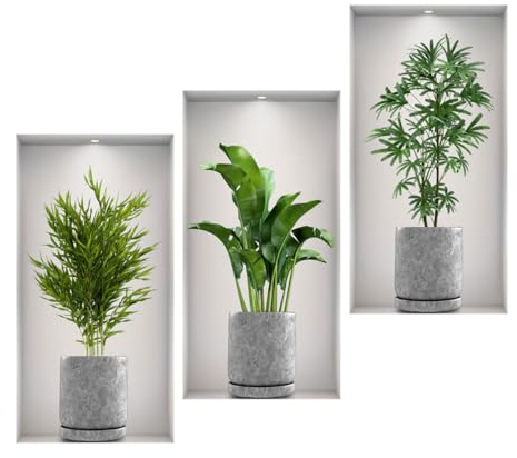 SanKristo 3 Stück 23 * 45CM Wandaufkleber Grünem Blumen Vasen- 3D Topfpflanze Selbstklebende Wanddekoration Grünen Pflanzen und Blättern Modernes Wandbild Wohnzimmer Büro Hotel Küche