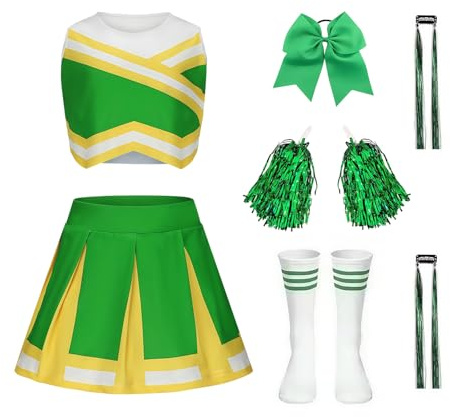 Luckyou Deguisement Pompom Girl Deguisement Cheerleader Fille Uniforme pour Girl Fille Enfant avec Perruques Brillant Pompoms et Nœud pour Carnaval Halloween,Green,150cm
