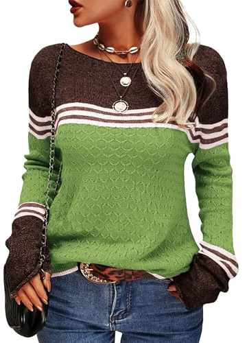 Hormtaer Womens Jumpers Crew Neck Long Sleeve Knit Sweater Colorblock Striped Knitwear Ladies Casual Retro Sweaters Soft Pullover Tops (Green, M)