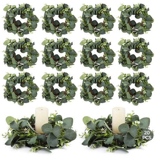 Artificial Eucalyptus Wreath, 20 PCS Eucalyptus Candle Ring Wreaths, 11 in Faux Eucalyptus Leaf and White Flower Candle Holders for Wedding Party Garden Door Window Wall Fireplace Decoration
