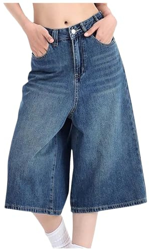 NerYuo Jean Capri Femme Pantacourt été Elastique Taille Haute Wide Leg Baggy 3/4 Pantalons Jeans Y2K Denim Short Rétro Ample Pantalon avec Poches