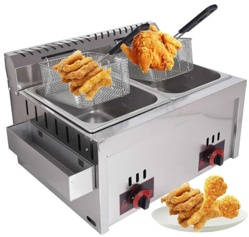 MGHRUEWH Friteuse À Gaz, Double Cylindre 10 L X 2, en Acier Inoxydable, pour Poulet, Frites, pour Restaurant Commercial – Cuve Professionnelle avec Panier – Idéale pour La Cuisine Familiale