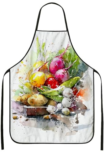 Delantal de acuarela vegetal para cocinar, delantal de cocina artística para adultos, trabajo culinario de primavera, jardinería y barbacoa, Blanco, 24x31 Inch