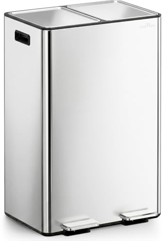 mVm Poubelle de Cuisine,2 x 30 Litres,2 Seaux Amovibles,Acier Inoxydable,2 Compartiments, Poubelle Recyclage Rectangulaire à Pédales, Couvercle à Fermeture Douce, Hermétique,Argent