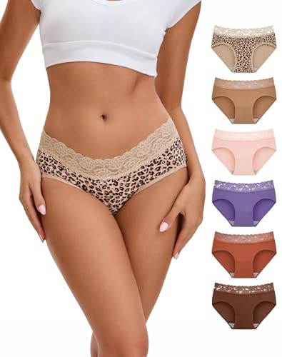 INNERSY Womens Underwear Lace Knickers Cotton Ladies Briefs Comfy Hipster Panties Midi Pants 6 Pack (12, 1 Leopard/5 Autumn Plain Hues)