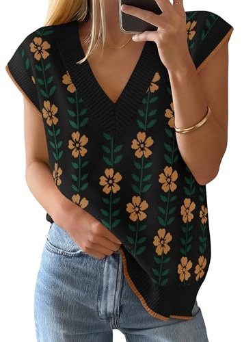 ZESICA Women's Floral V Neck Sweater Vest 2026 Summer Oversized Sleeveless Loose Knit Tank Tops Casual Outfits Black Large
