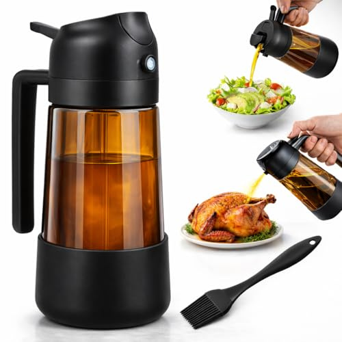 Spray Huile Cuisine 2 en 1 -470ml – Vaporisateur Verre Borosilicate – Pulvérisateur Anti-Gouttes Air Fryer BBQ Salade Poêle – Base Silicone Antidérapante – Distributeur Huile + Pinceau Silicone Offert