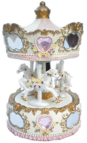 Spieluhrenwelt Spieluhr Karussell Rosen I Polystone Karussell mit Rosa Glassteinchen, Blüten und goldfarbenen Verzierungen I Melodie „Kaiserwalzer“ I Drei Geschmückte Karussellpferdchen