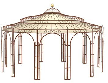 ELEO Pavillon Toskana rostoptik mit Sonnensegel und Dekorkugel - rund 5x5m Rankpavillon für den Garten handgeschmiedet Schmiedeeisen - Gartenpavillon Metall stabil rost Edelrost - Sonnenschutz Dach