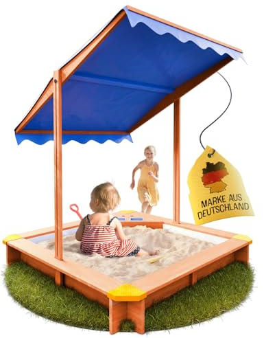 FRIEDO - Sandkasten mit Dach (UV80+) & Matschküche 120x120 cm - Sandkiste inklusive Bodenvlies gegen Unkraut und Ungeziefer - Sandkasten mit Abdeckung aus Holz für Kinder - Outdoor und Garten geeignet