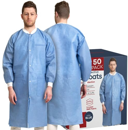 Case of 50 Disposable Lab Coats - Blue - With 3 Pockets and Soft Knit Cuffs & Collar | SMS Unisex Knee Length Medical Lab Jacket, For Hospitals, Pharmacies, Laboratories, Dental Clinics - 2X-Large
