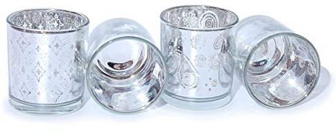 Teelicht-Gläser Set aus Glas inkl. Teelichter - Kleine edle Teelicht Kerzen-Halter mit Verzierungen - Windlichter Kerzenglas - Geschenk Dekoration Hochzeit, Geburtstag, Weihnachten (Silber 4er Set #2)