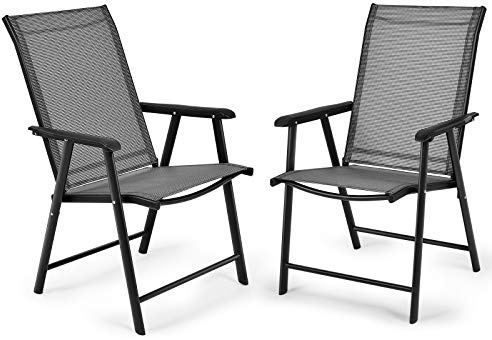 COSTWAY Gartenstühle 2er Set, Hochlehner Klappstühle mit wetterfestem Stoff, Balkonstühle mit Armlehnen, Terrassenstühle, für Garten, Terrasse, Balkon, Grau