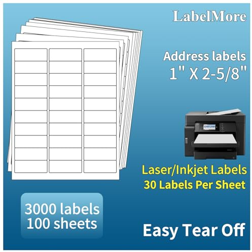 1 X 2-5/8 Address Labels 30 Per Sheet Sticker Paper for Laser and Inkjet Printers, 8.5×11 White- 3000 Labels