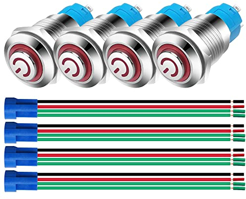 Gebildet 4pcs 12mm SPST Interrupteurs à Bouton Poussoir à Verrouillage Automatique en Acier Inoxydable 3V-5V-6V-7.5V-9V-12 /3A LED NO Interrupteur à Bascule étanche avec Fiche de Prise de Fil (Rouge)
