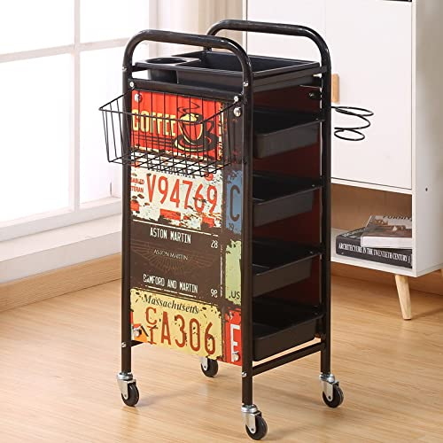 Friseurwagen Retro Salon Stapelboy Lagerwagen Friseur Rollwagen Kosmetikwagen Bedienungswagen Haare Spa Ablagefach mit 4 Ausziehbare Schubladen A,31X37X83CM