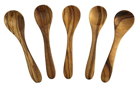 Mini-Löffel „Piccolo“ 9 cm aus Olivenholz – handgefertigte Dosier-, Salz- & Gewürzlöffel, Kaviarlöffel | hochwertig, nachhaltig & natürlich. 1 Set mit 5 Mini-Löffeln.