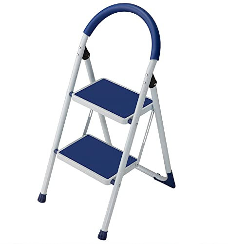 Bakaji Scala Scaletta Pieghevole Salvaspazio con Gradini Antiscivolo e Maniglione di Sicurezza Sgabello Scaletto Struttura in Acciaio e Rivestimento in Gomma Portata massima 150kg (2 Gradini Blu)