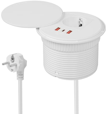 MENAYODA Inbyggt uttag med lock, bordsuttag med 1 Schuko och 1 USB-A-anslutning och 1 USB-C-anslutning och 1,5 strömkabel, uttag för 80 mm bordshål (vit)