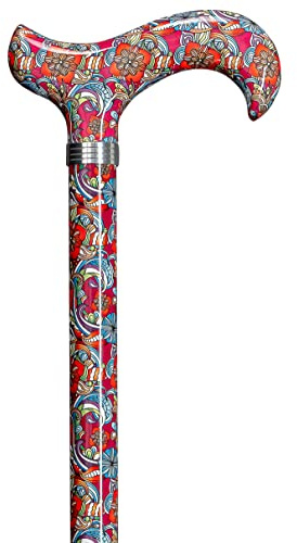 Design Gehstock Flowers, farbig, bunt, modisch, höhenverstellbar von 75-100 cm, Derbygriff, Leichtmetall, edler Zierring in schwarz, belastbar bis 110 Kg, inkl. Gummipuffer