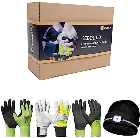 Gebol GO Arbeitsschutz-Set Winter | Größe XXL (Gr. 11) | LED-Mütze für Sicht und Sichtbarkeit | Arbeitshandschuhe für warme Hände bei Kälte | Für Herren | 3 Paar + 1 Mütze