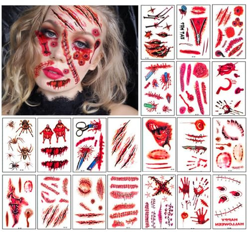 Tatuering för ansiktet: Halloween Zombie, ärr, spindlar, blod, skräck, sprickor - 50 tillfälliga tatueringar