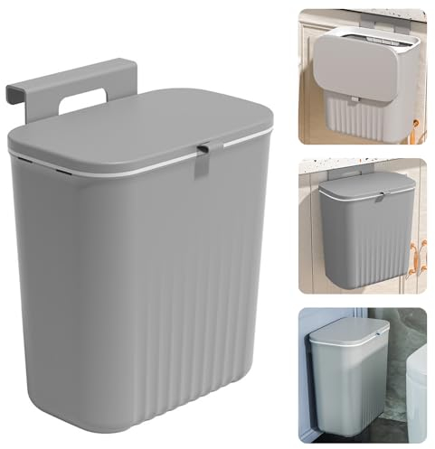 Accmuzzy Kitchen Bin, Under Kitchen Counter Bins with Lid,9L Food Waste Caddy Rubbish Dustbin Wall Mounted for Under Sink,Cupboard Door,Kitchen Cabinet,Camping,Bathroom,Bedroom (Grey)