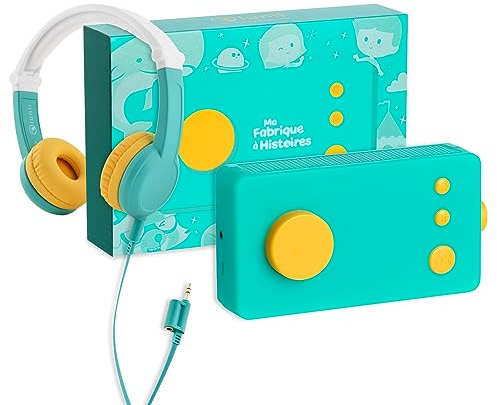 Lunii - Pack de Voyage Ma Fabrique à Histoires Verte et Son Casque - Boîte à Histoires avec Casque Audio Enfant - Livre Audio de 24 Histoires interactives Inclus à télécharger
