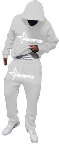 NOFS Streetwear Trainingsanzüge für Herren | Buchstaben Drucklose Hoodies und Jogginghosen Y2K Männer | Hip Hop Hose Streetwear Tracksuit Pullover Lässig Oberteile und Sporthosen Grau M