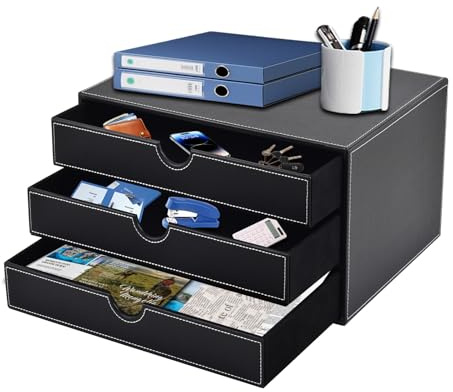 XNONE Home Office Desktop Schreibtisch-Schubladenbox mit 3 geschlossenen A4-Fächern, PU-Leder-Schubladenbox, Schmuck-Organizer, Kosmetik-Organizer, U-förmige Öffnung, handgenähte Nähte(schwarz)