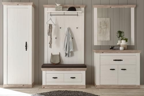 Garderobe in weiß Pinie und Oslo Pinie Landhaus Stil Flurgarderobe Set Kombination mit Schuhschrank, Sitzbank, Garderobenpaneel, Kommode und Spiegel 307 x 201 cm Rovola (Set 3)