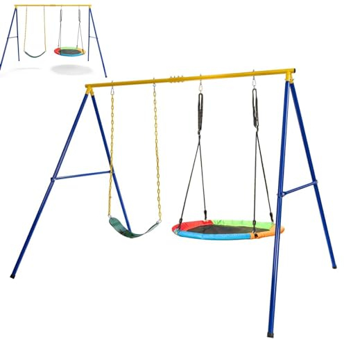 Maxmass Metal Kids' Swing Set with Nest & Belt Swings for Garden Playground, Yellow Frame